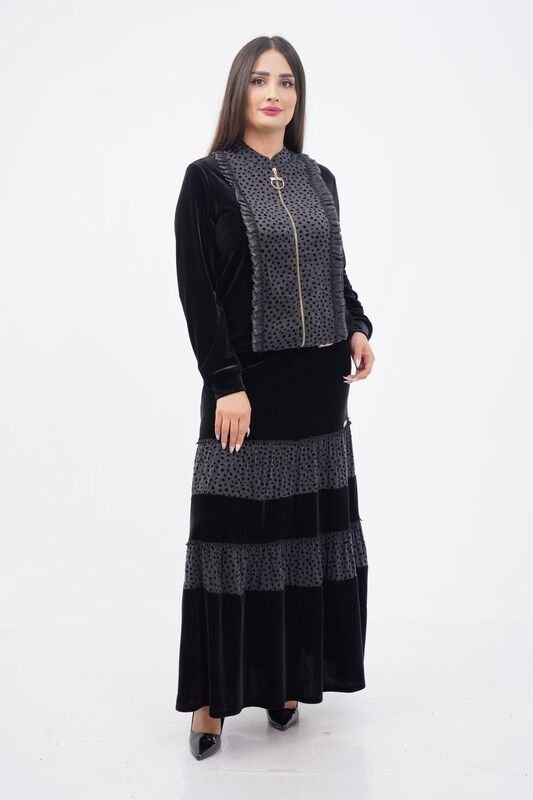 Fırfırlı Fermuar Detaylı Ceket Katlı Etek Takımı Siyah - 40-48