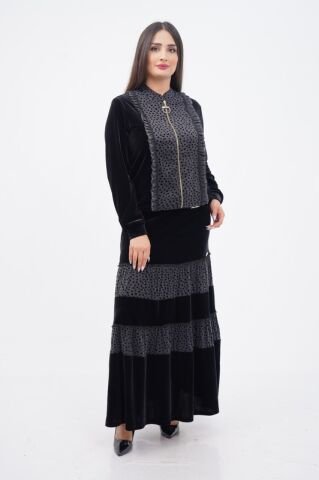 Fırfırlı Fermuar Detaylı Ceket Katlı Etek Takımı Siyah - 40-48