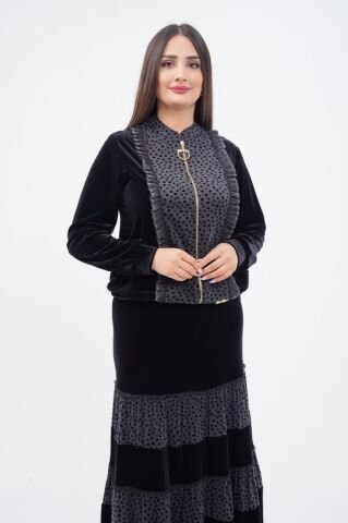 Fırfırlı Fermuar Detaylı Ceket Katlı Etek Takımı Siyah - 40-48