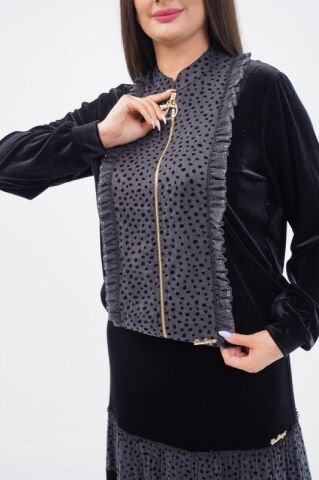 Fırfırlı Fermuar Detaylı Ceket Katlı Etek Takımı Siyah - 40-48