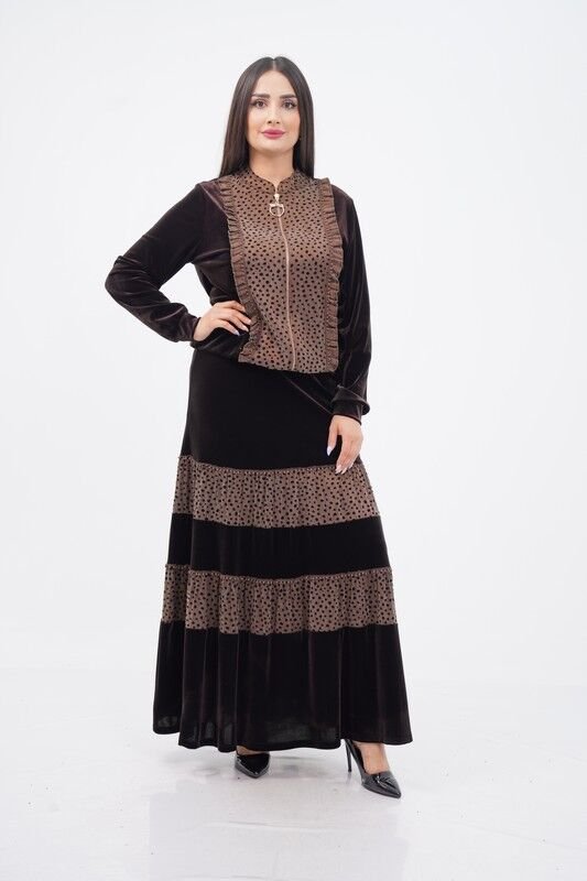 Fırfırlı Fermuar Detaylı Ceket Katlı Etek Takımı Kahve - 40-48