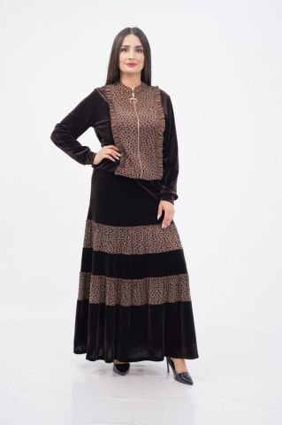 Fırfırlı Fermuar Detaylı Ceket Katlı Etek Takımı Kahve - 40-48