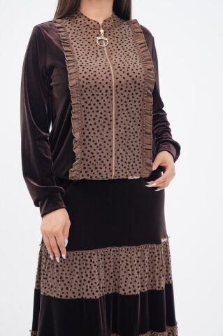 Fırfırlı Fermuar Detaylı Ceket Katlı Etek Takımı Kahve - 40-48