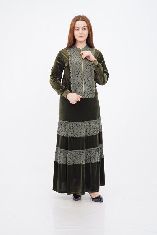 Fırfırlı Fermuar Detaylı Ceket Katlı Etek Takımı Haki - 40-48