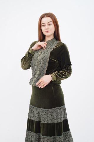 Fırfırlı Fermuar Detaylı Ceket Katlı Etek Takımı Haki - 40-48