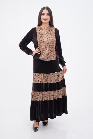 Fırfırlı Fermuar Detaylı Ceket Katlı Etek Takımı Kahve Bej - 40-48