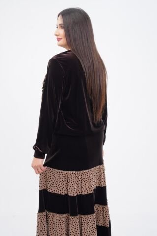 Fırfırlı Fermuar Detaylı Ceket Katlı Etek Takımı Kahve Bej - 40-48