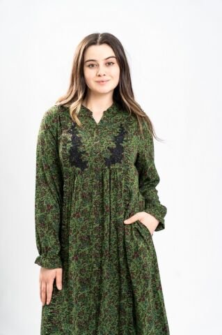 Aplikeli Hakim Yaka Empirme Elbise Yeşil - 40-48