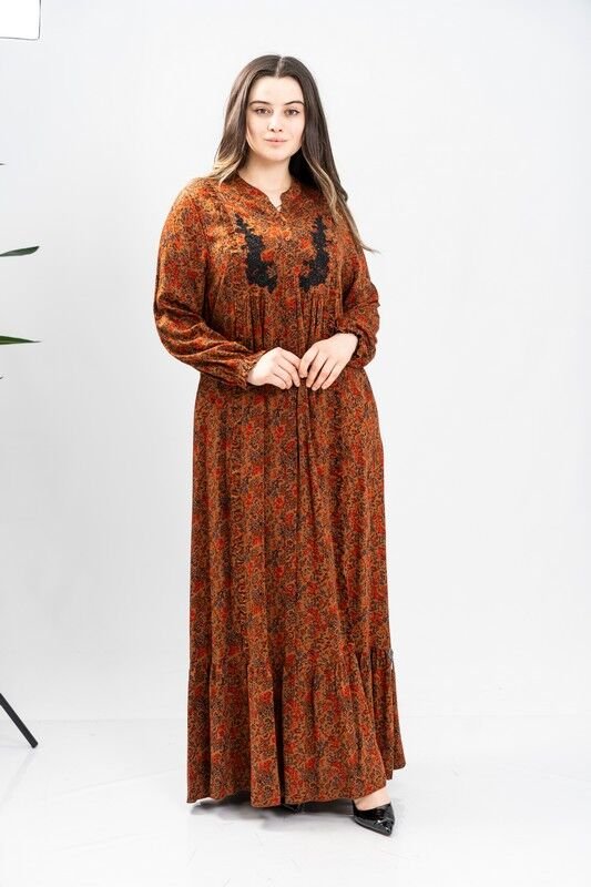 Aplikeli Hakim Yaka Empirme Elbise Kiremit - 40-48