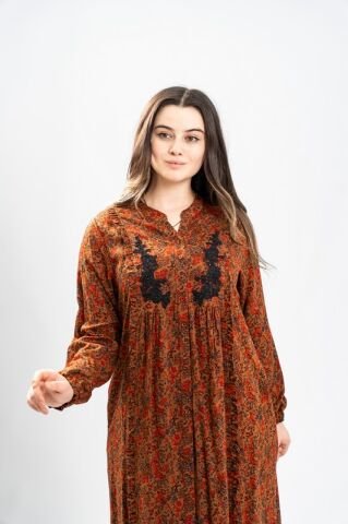 Aplikeli Hakim Yaka Empirme Elbise Kiremit - 40-48