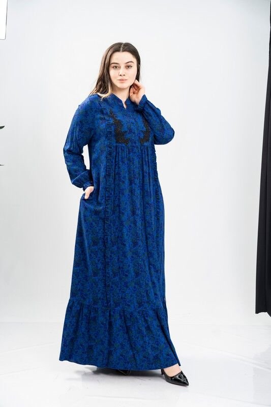 Aplikeli Hakim Yaka Empirme Elbise Saks - 40-48