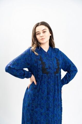 Aplikeli Hakim Yaka Empirme Elbise Saks - 40-48