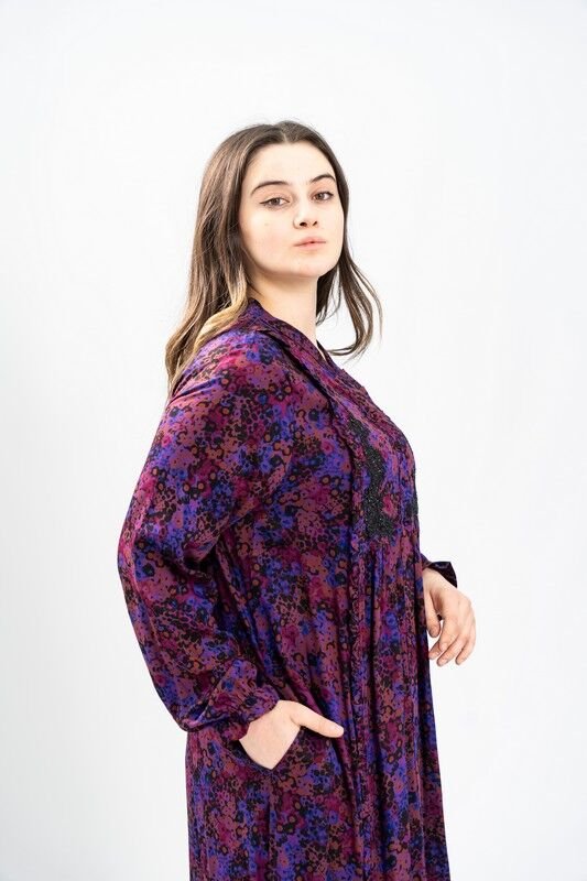 Aplikeli Hakim Yaka Empirme Elbise Mor - 40-48