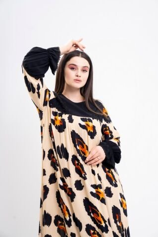 Dantel Aplikeli Elbise Bej - 40-48