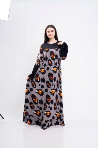 Dantel Aplikeli Elbise Gri - 40-48