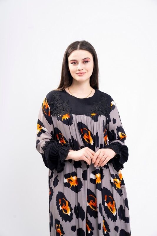 Dantel Aplikeli Elbise Gri - 40-48