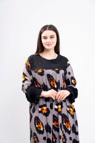 Dantel Aplikeli Elbise Gri - 40-48