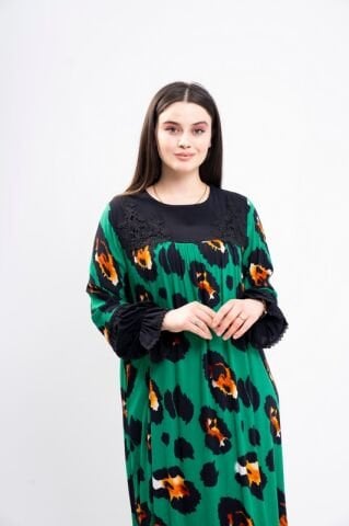 Dantel Aplikeli Elbise Yeşil - 40-48