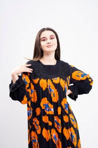 Dantel Aplikeli Elbise Camel - 40-48