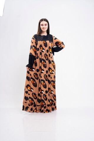 Dantel Aplikeli Elbise Kiremit - 40-48