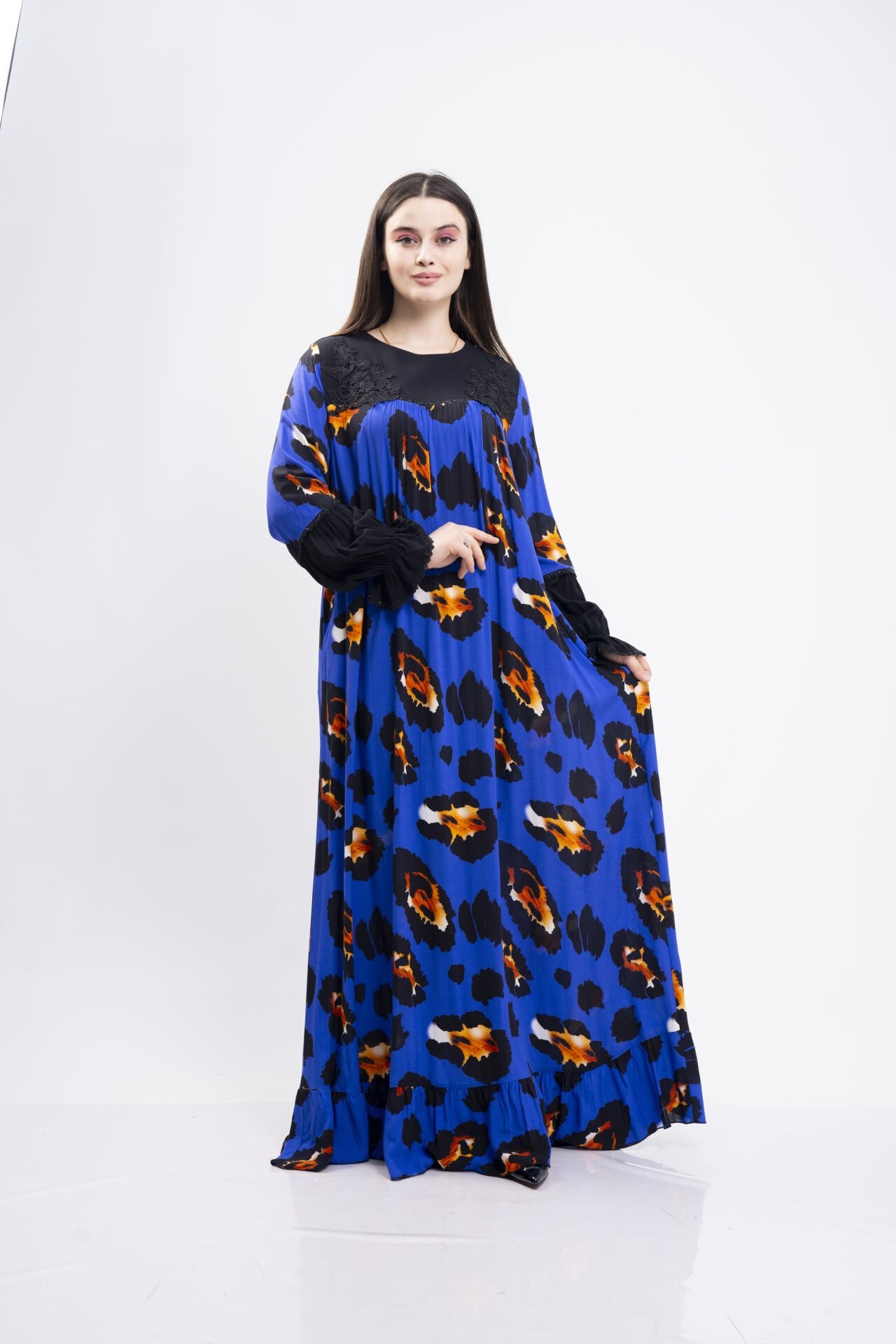 Dantel Aplikeli Elbise Saks - 40-48