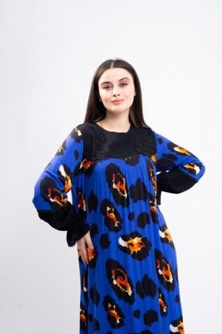 Dantel Aplikeli Elbise Saks - 40-48