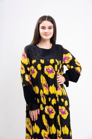 Dantel Aplikeli Elbise Yağ Yeşili - 40-48