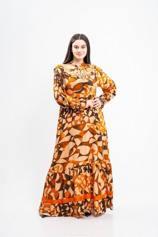 Yaka Bağlamalı Elbise Turuncu Siyah - 40-48