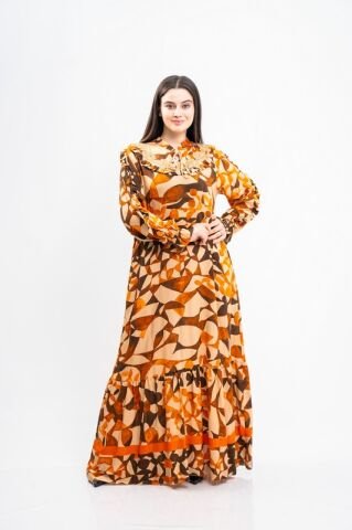 Yaka Bağlamalı Elbise Turuncu Siyah - 40-48