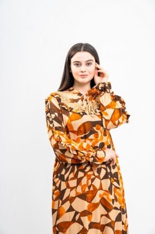 Yaka Bağlamalı Elbise Turuncu Siyah - 40-48