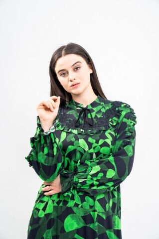 Yaka Bağlamalı Elbise Yeşil Siyah - 40-48