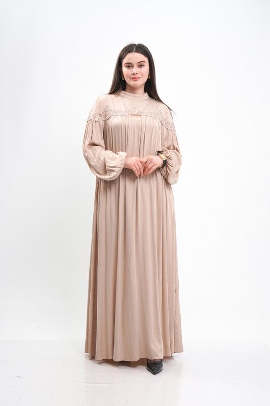 Büzgülü Viskon Tesettür Elbise Bej - 40-48
