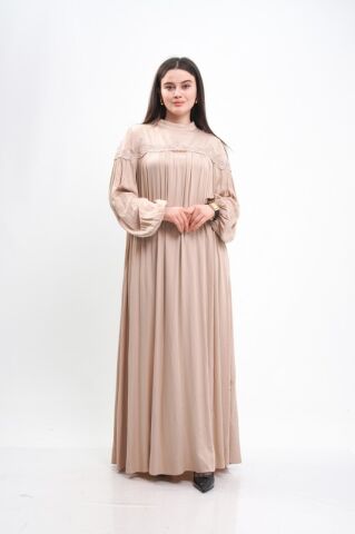 Büzgülü Viskon Tesettür Elbise Bej - 40-48