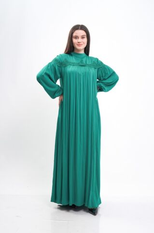 Büzgülü Viskon Tesettür Elbise Yeşil - 40-48