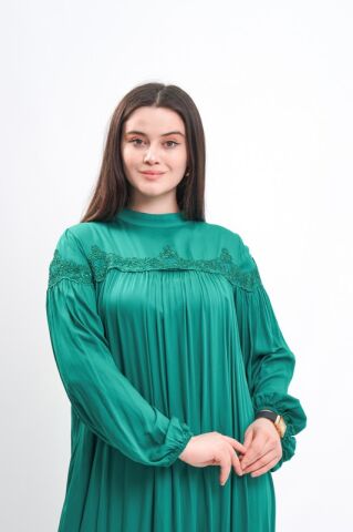 Büzgülü Viskon Tesettür Elbise Yeşil - 40-48