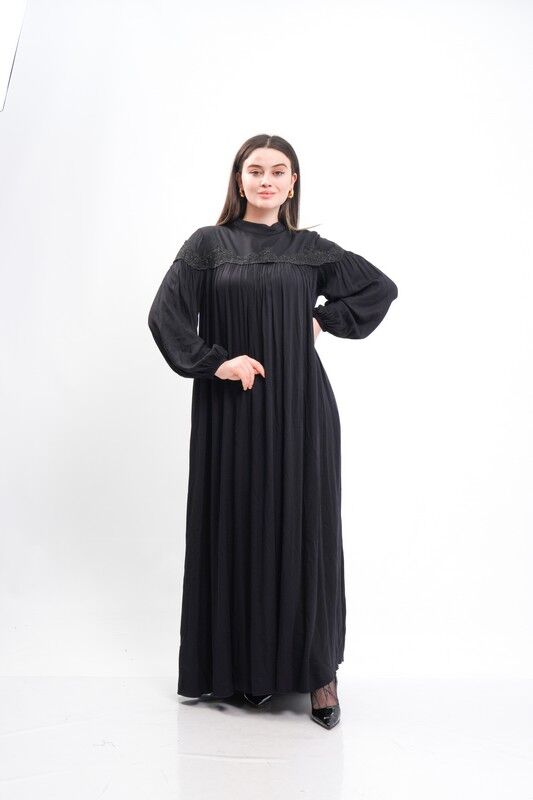 Büzgülü Viskon Tesettür Elbise Siyah - 40-48