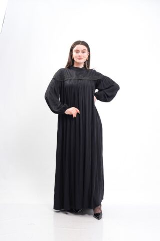 Büzgülü Viskon Tesettür Elbise Siyah - 40-48