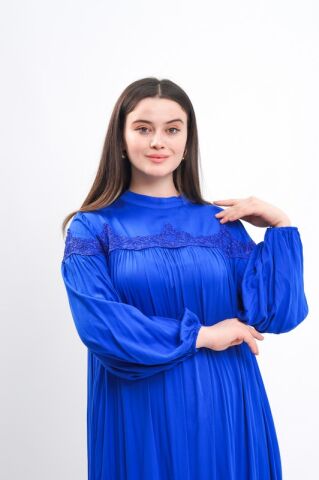 Büzgülü Viskon Tesettür Elbise Saks - 40-48