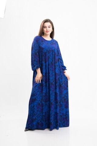 Boncuk Süslemeli Tesettür Elbise Saks - 40-48