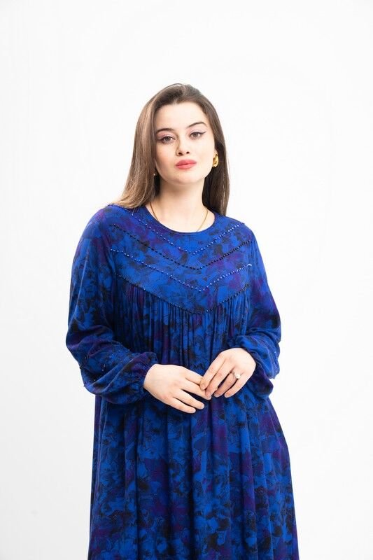 Boncuk Süslemeli Tesettür Elbise Saks - 40-48