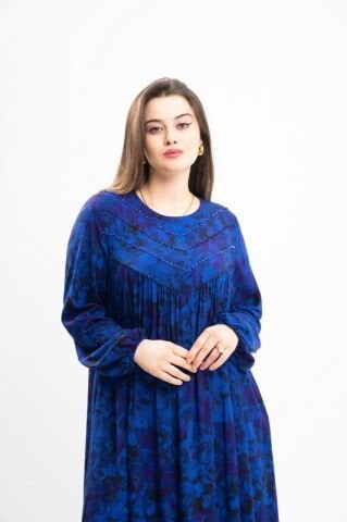 Boncuk Süslemeli Tesettür Elbise Saks - 40-48