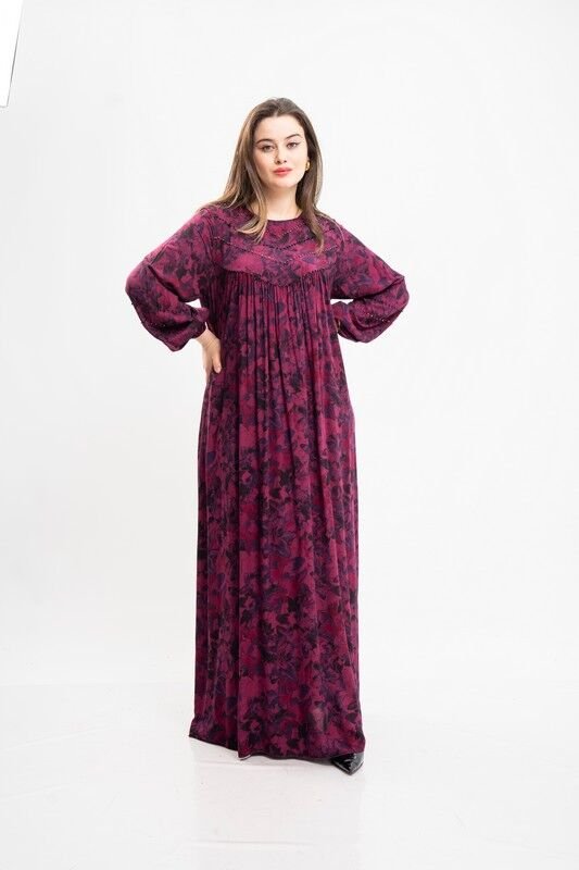 Boncuk Süslemeli Tesettür Elbise Mürdüm - 40-48