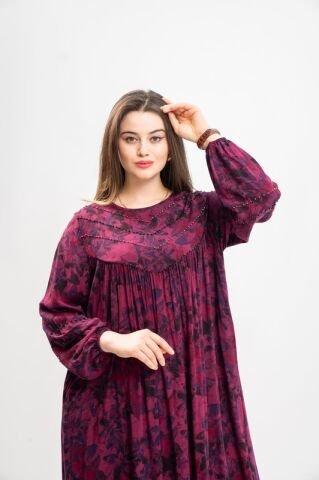 Boncuk Süslemeli Tesettür Elbise Mürdüm - 40-48