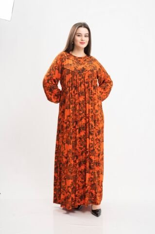 Boncuk Süslemeli Tesettür Elbise Turuncu - 40-48