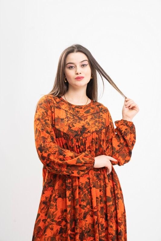 Boncuk Süslemeli Tesettür Elbise Turuncu - 40-48