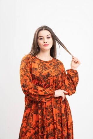 Boncuk Süslemeli Tesettür Elbise Turuncu - 40-48