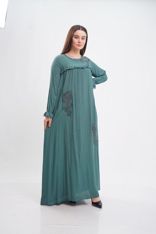 Aplikeli Tesettür Elbise Yeşil - 40-48