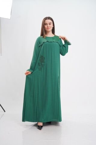 Aplikeli Tesettür Elbise Zümrüt - 40-48