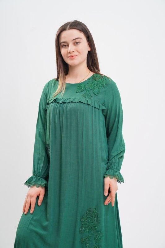 Aplikeli Tesettür Elbise Zümrüt - 40-48