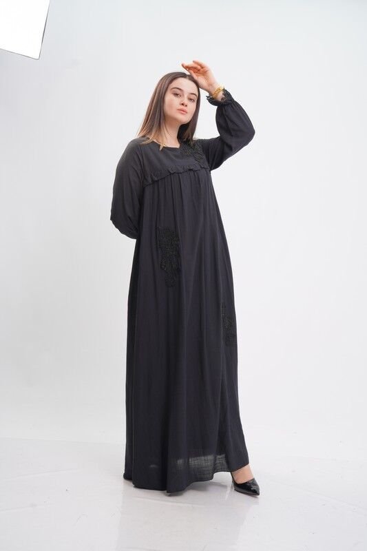 Aplikeli Tesettür Elbise Siyah - 40-48